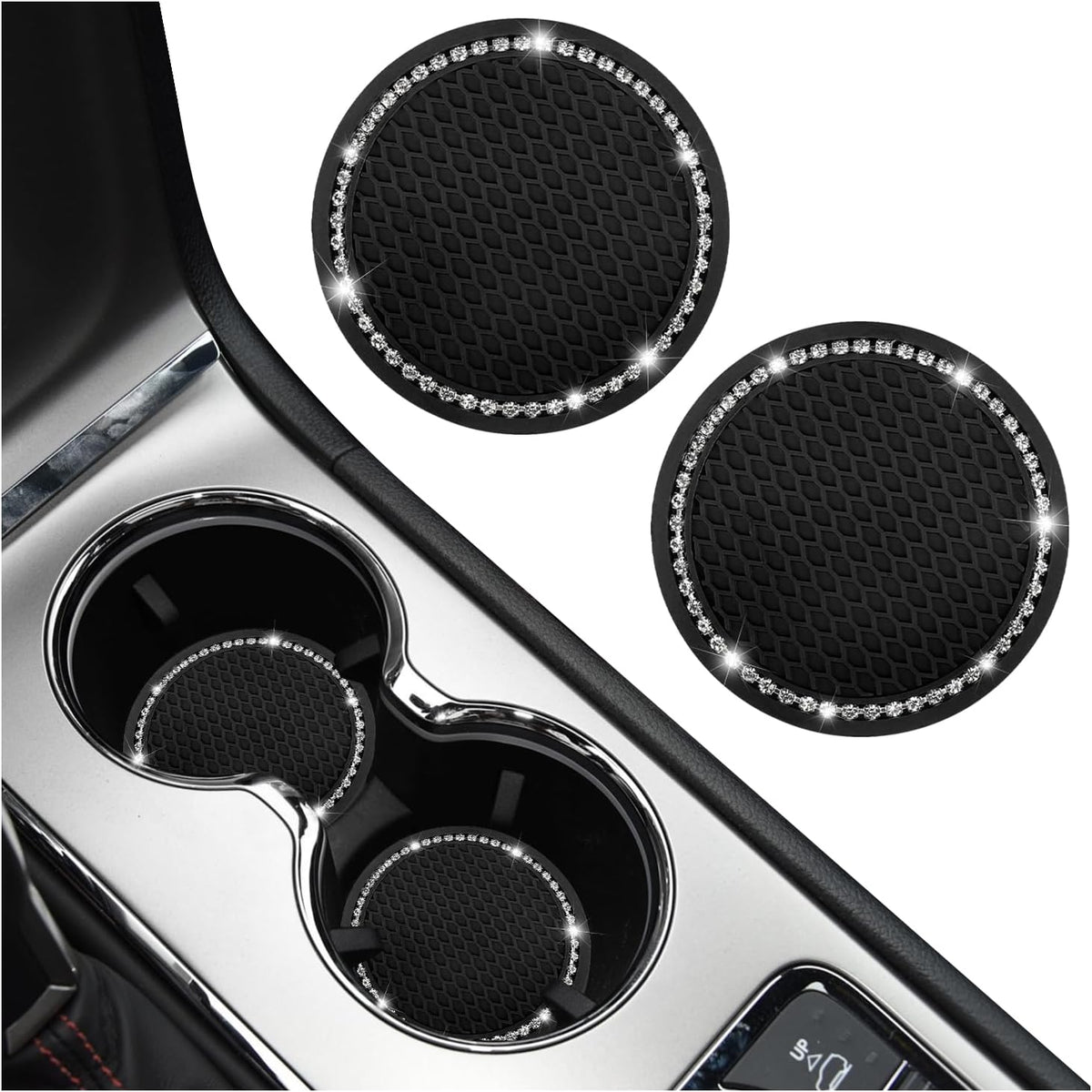 2 Stücke Auto Getränkehalter Untersetzer,Auto Getränkehalter Einsatz mit Glitzernden Strasssteinen,Universal rutschfest Auto Untersetzer Auto Zubehör Innenraum für Auto LKW SUV (Schwarz/2PCS)