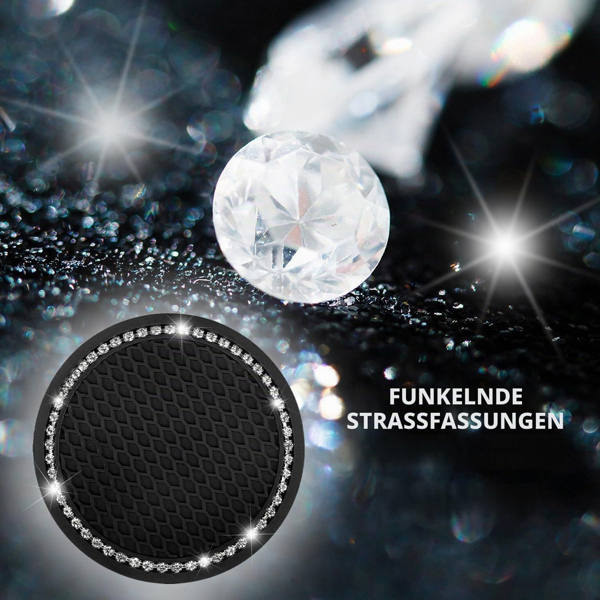 2 Stücke Auto Getränkehalter Untersetzer,Auto Getränkehalter Einsatz mit Glitzernden Strasssteinen,Universal rutschfest Auto Untersetzer Auto Zubehör Innenraum für Auto LKW SUV (Schwarz/2PCS)