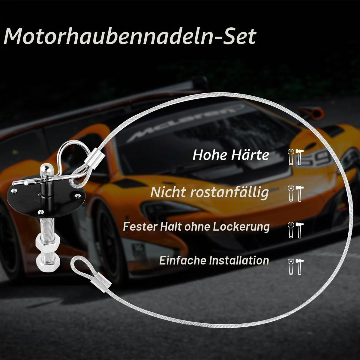 2Stk Bonnet Schnellverschluss Lock - Edelstahl Motorhaubenschloss Mit Racing Lanyard Reduce Shaking - Universelles Auto-tuning Auto-gadgets Passend Für Pkw Lkw SUV (Schwarz)