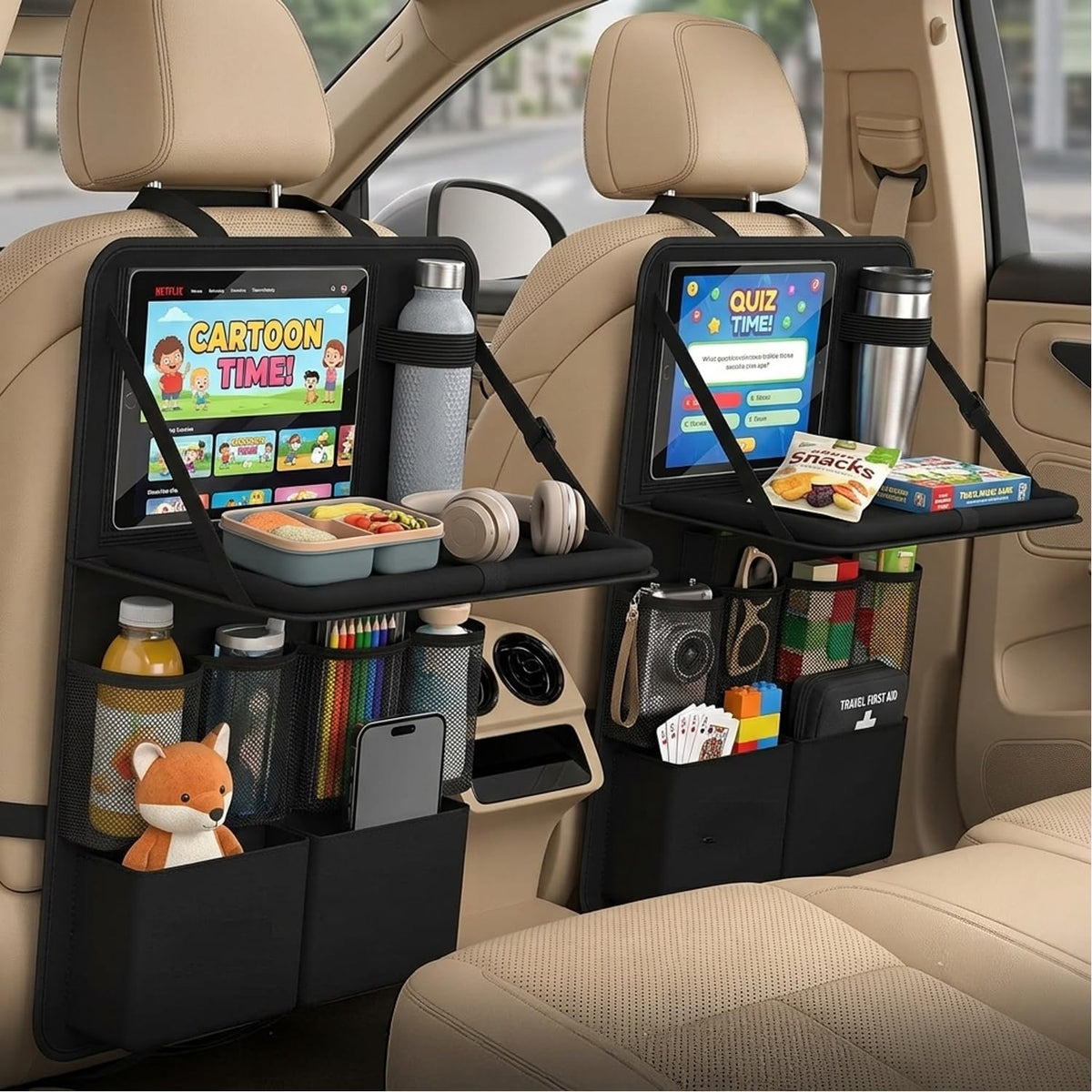 2 Stück Autositz Organizer Kinder mit Klapptisch & Tablet-Halterung, 62x42cm Rückenlehnenschutz Auto Wasserdicht, Rücksitzschoner aus Oxford-Gewebe mit 12 Taschen, Auto Reisezubehör, Schwarz