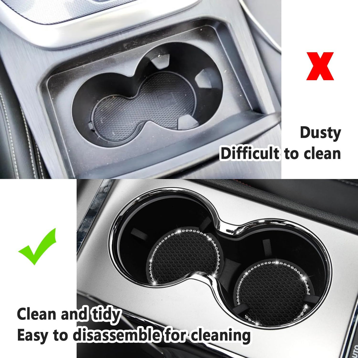 2 Stücke Auto Getränkehalter Untersetzer,Auto Getränkehalter Einsatz mit Glitzernden Strasssteinen,Universal rutschfest Auto Untersetzer Auto Zubehör Innenraum für Auto LKW SUV (Schwarz/2PCS)