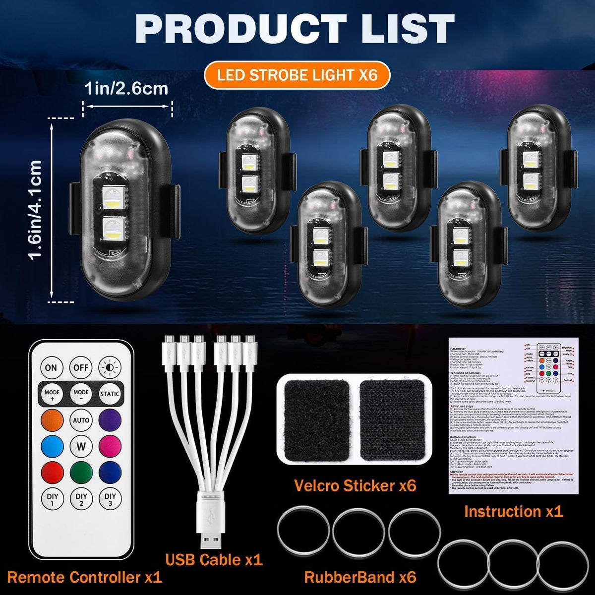 6 Stück Kabellose LED Lichter Autos,8 Farben Wasserdicht Auto,USB-Aufladung