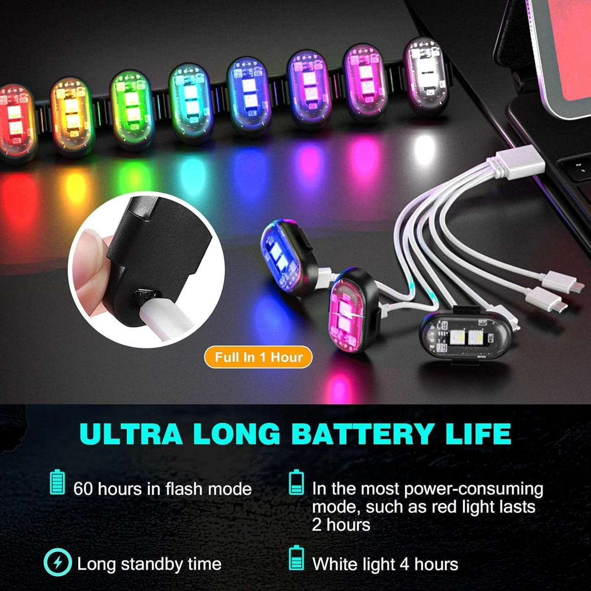 6 Stück Kabellose LED Lichter Autos,8 Farben Wasserdicht Auto,USB-Aufladung