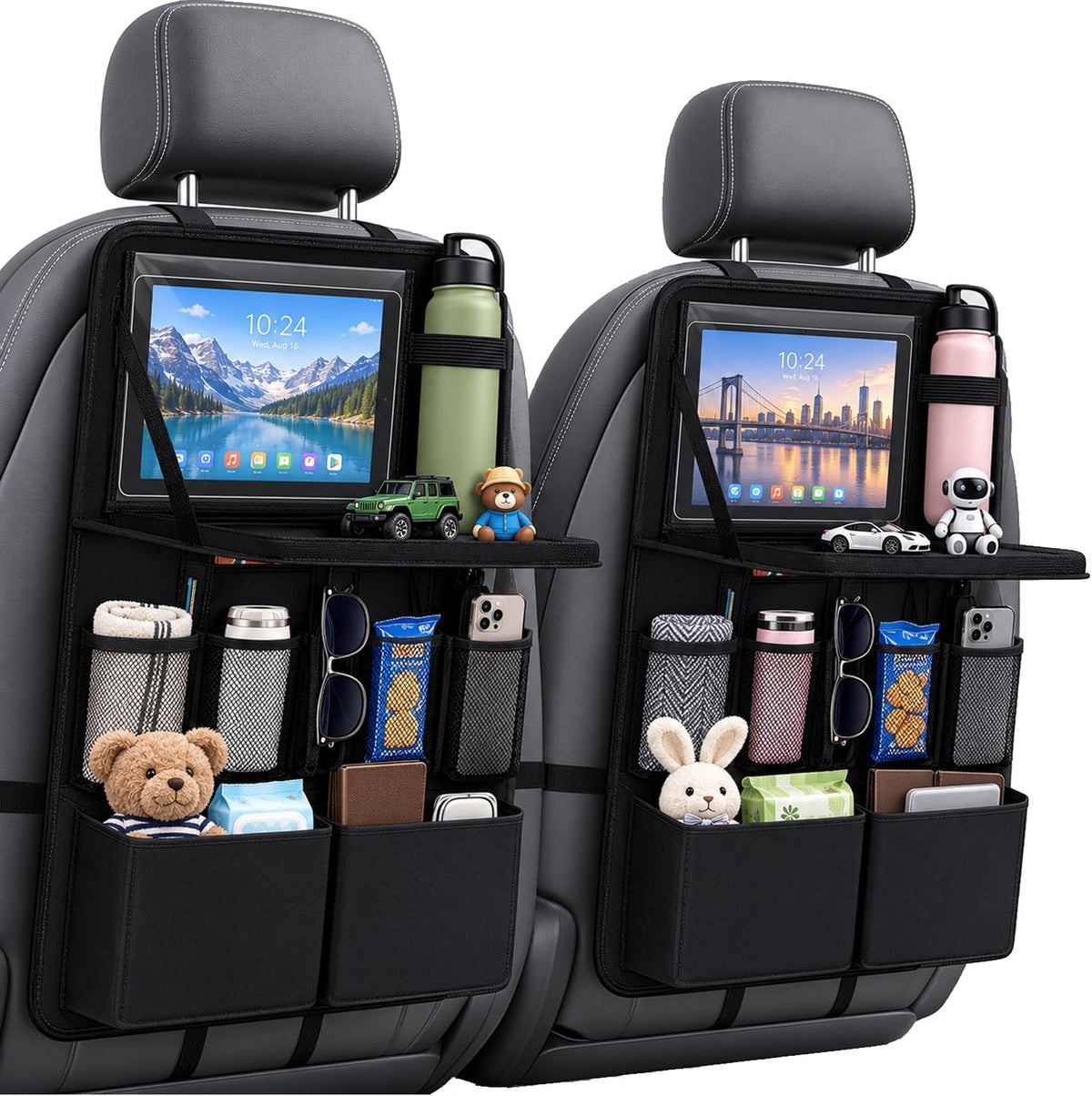 2 Stück Autositz Organizer Kinder mit Klapptisch & Tablet-Halterung, 62x42cm Rückenlehnenschutz Auto Wasserdicht, Rücksitzschoner aus Oxford-Gewebe mit 12 Taschen, Auto Reisezubehör, Schwarz
