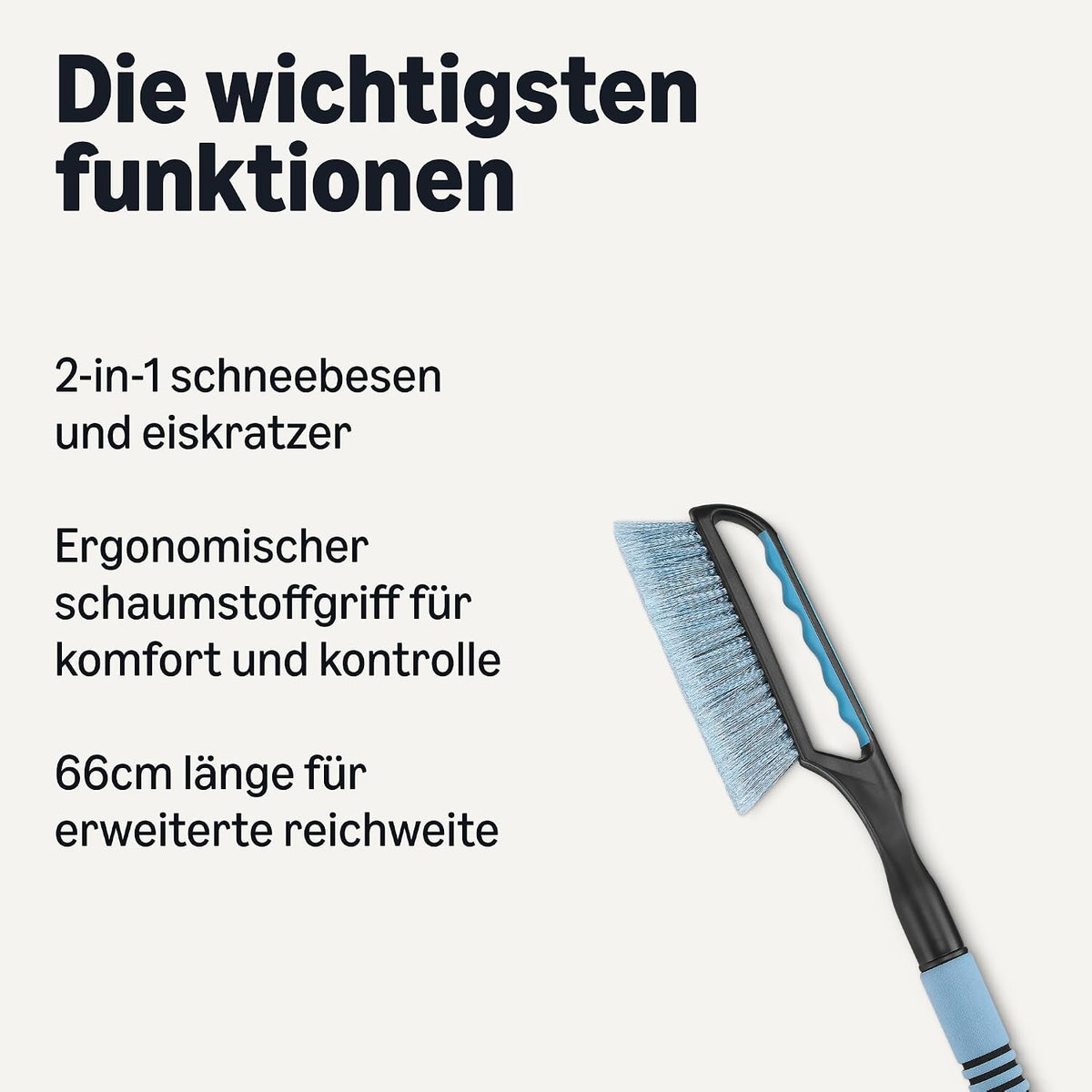 Amazon Basics Schneebesen mit Eiskratzer, ergonomischer Griff, Schwarz, Blau 66.5cm