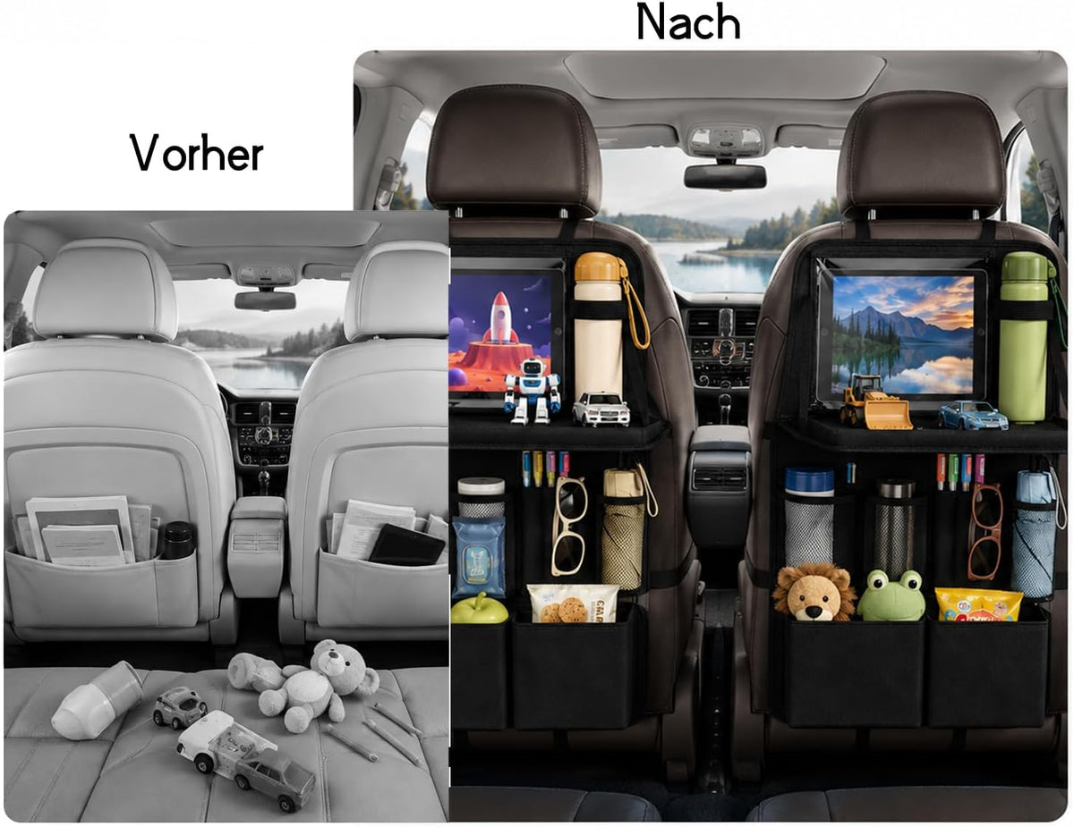 2 Stück Autositz Organizer Kinder mit Klapptisch & Tablet-Halterung, 62x42cm Rückenlehnenschutz Auto Wasserdicht, Rücksitzschoner aus Oxford-Gewebe mit 12 Taschen, Auto Reisezubehör, Schwarz