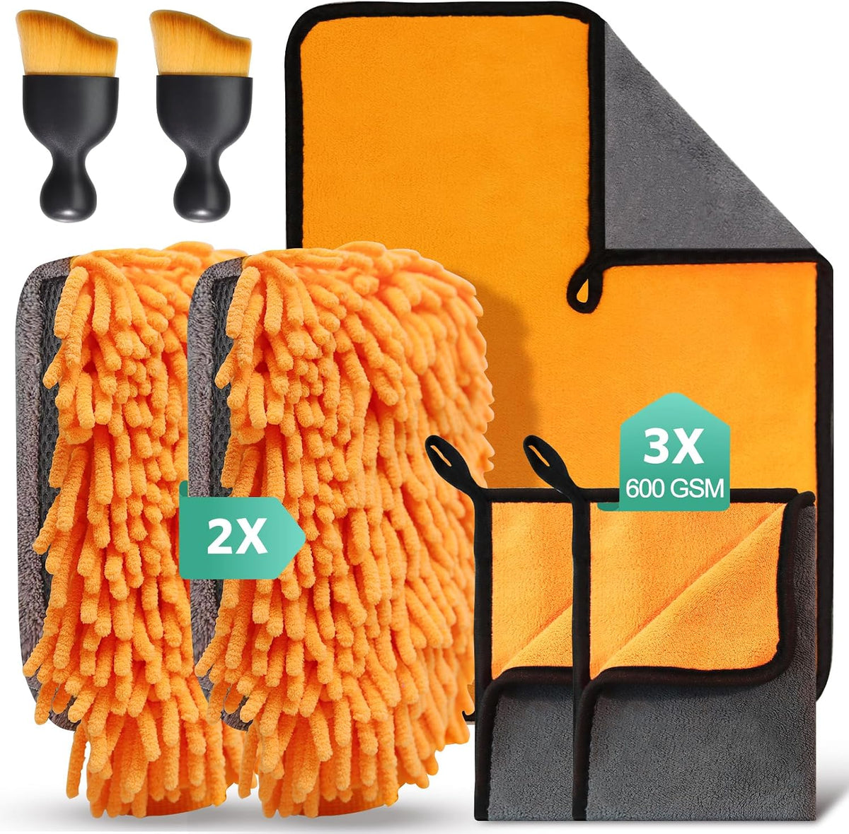 7 Stück Autopflege Set mit 3 Stück Mikrofasertücher Auto,2Pcs Mikrofaser Waschhandschuh &2er Auto Innenreinigung Weiche Bürsten,600GSM Trockentuch für Haushalts Autowäsche Trocknen