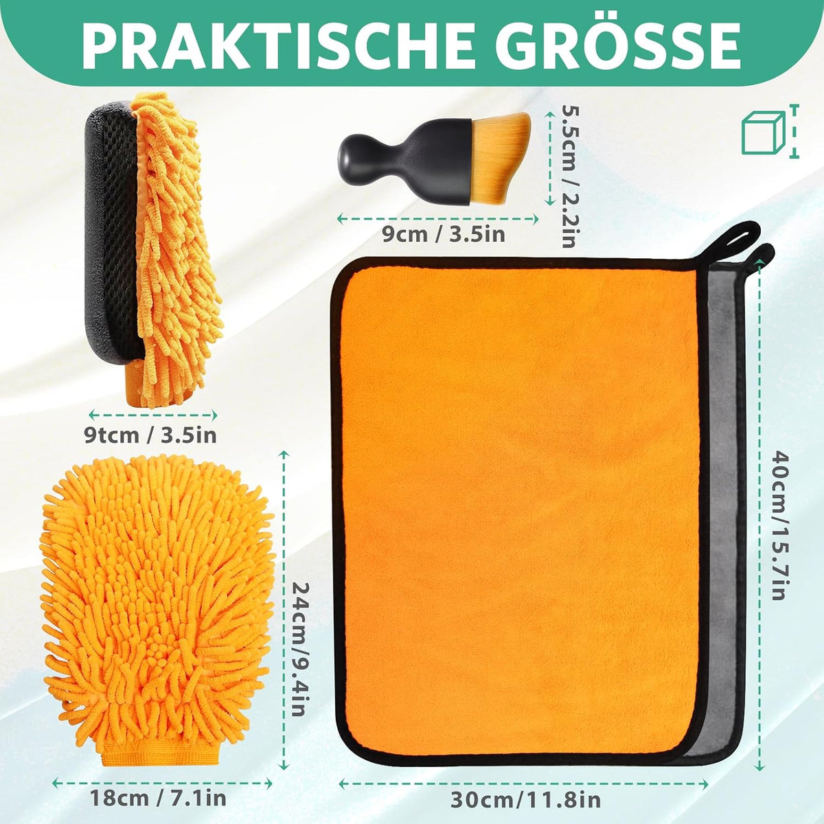 7 Stück Autopflege Set mit 3 Stück Mikrofasertücher Auto,2Pcs Mikrofaser Waschhandschuh &2er Auto Innenreinigung Weiche Bürsten,600GSM Trockentuch für Haushalts Autowäsche Trocknen
