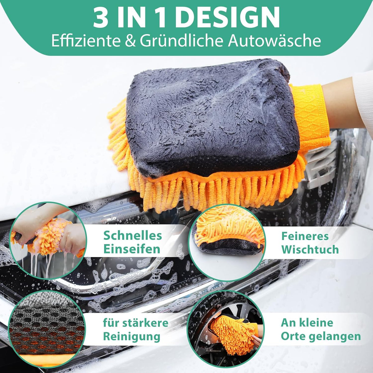 7 Stück Autopflege Set mit 3 Stück Mikrofasertücher Auto,2Pcs Mikrofaser Waschhandschuh &2er Auto Innenreinigung Weiche Bürsten,600GSM Trockentuch für Haushalts Autowäsche Trocknen